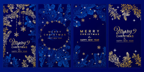 Christmas Poster set. Vector illustration of Christmas Background with branches of christmas tree and golden elements. - 618211191