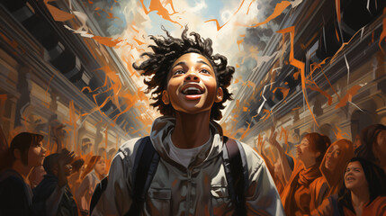 Obraz premium Back to school: Excitement fills the air as happy pupils students gather in a bustling hallway, backpacks slung over their shoulders