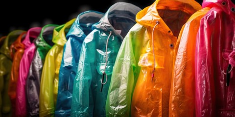 Colorful line of rain jackets, concept of Water resistance, created with Generative AI technology - obrazy, fototapety, plakaty