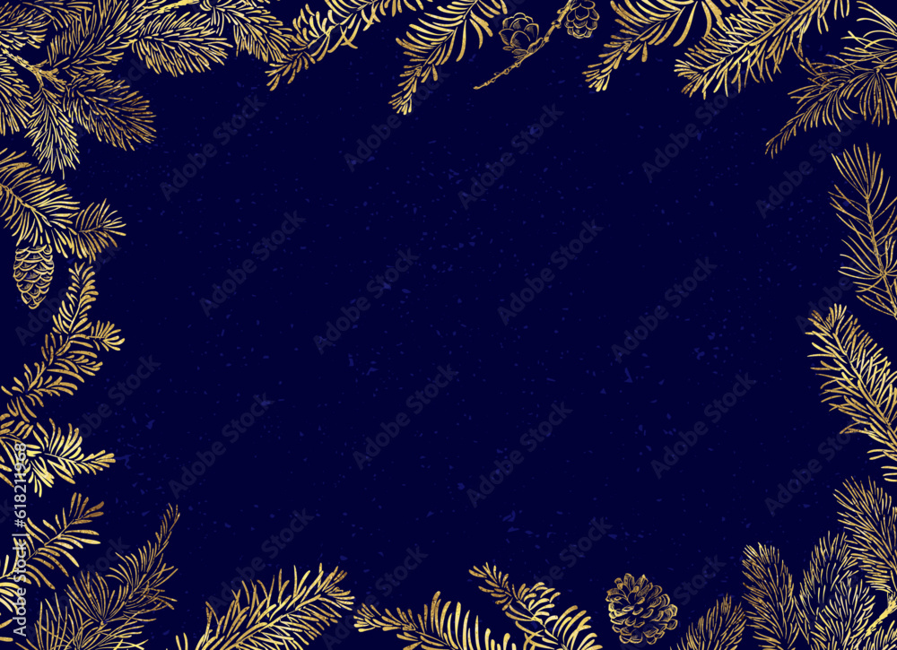 Wall mural vector horizontal frame of christmas background with branches of christmas tree and golden elements.