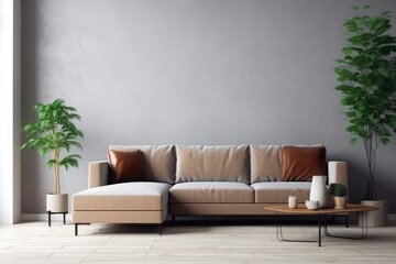  Brown sofa and white wall in modern living room AI Generated