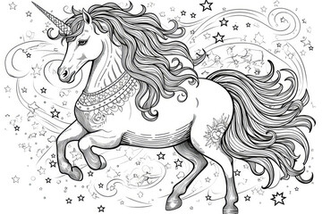 Coloring Book, Sparkling Unicorn Majestic Unicorn Surrounded By Twinkling Stars. Generative AI