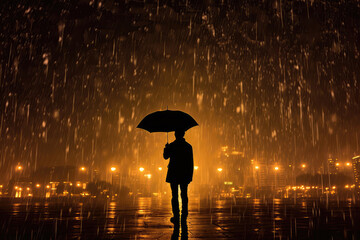 Silhouette Under Umbrella In Pouring Rainstorm. Generative AI