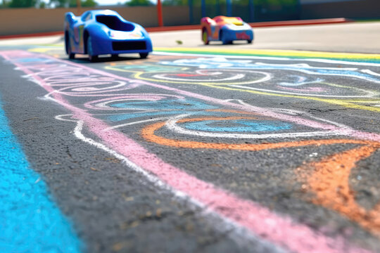 Childrens Drawing On The Asphalt With The Race Track For Toy Cars. Generative AI