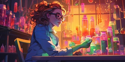 Female scientist working in laboratory surrounded by test tubes and beakers filled with colorful liquids, concept of Chemical reactions, created with Generative AI technology