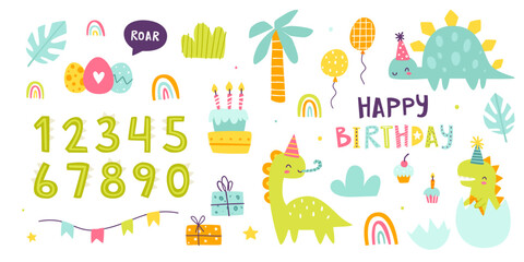 Dino birthday party set with numbers. Cute doodle dinosaurs celebration collection. Vector bundle with festive dino.