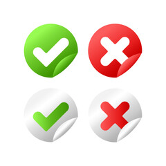Stickers button yes no, tick cross. Green red button. Application design.