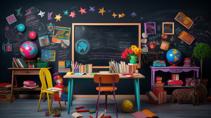 Back to school: Vibrant classroom scene filled with colorful chairs and desks, colorful stationery, and a chalkboard displaying inspiring quotes