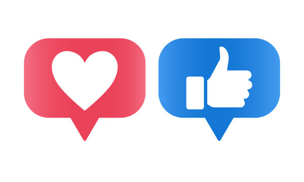 Vector flat icons for social networks. Like and thumbs up icon. Bubble chat social media mobile app, like photo, thumbs up.