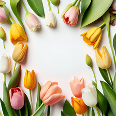 Background or frame of delicate tulip flowers on an isolated background. Generative AI