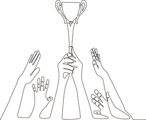 Vector continuous line drawing. hand holding trophy vector illustration