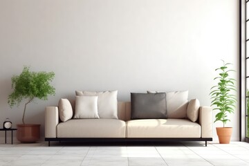 Fototapeta na wymiar Brown sofa and white wall in modern living room AI Generated