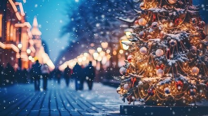 city street Christmas winter blurred background. Xmas tree with snow decorated with garland lights, holiday festive background. Widescreen backdrop. New year Winter. 