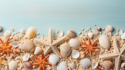 Fototapeta na wymiar Beach themed banner or header with beautiful shells, corals and starfish on pure white sand
