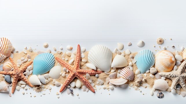 Beach themed banner or header with beautiful shells, corals and starfish on pure white sand