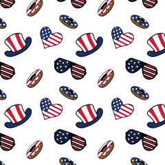 happy 4th of july independence day america donuts,love and hats seamless pattern