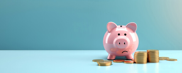 Sad and worried pink pig piggy bank next to a few gold coins, isolated on blue background. Investment failure, bankruptcy concept - Generative AI - obrazy, fototapety, plakaty