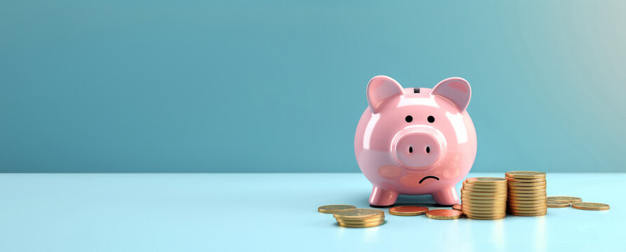 Sad and worried pink pig piggy bank next to a few gold coins, isolated on blue background. Investment failure, bankruptcy concept - Generative AI