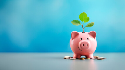 Smiling pink pig piggy bank, a stack of gold coins and a green plant growing, isolated on blue background. Investment success, savings concept - Generative AI - obrazy, fototapety, plakaty