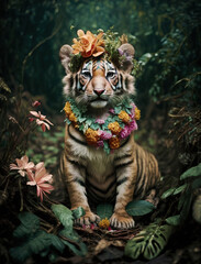 Portrait of a cute tiger cub with collars and headpiece of flowers in the jungle. Generative AI.