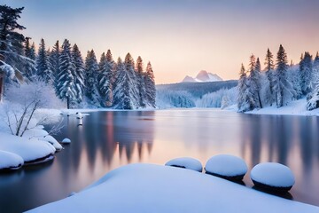 Snowy winter landscape with lake ,trees and mountains