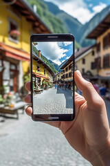 A person taking a picture of a street with a cell phone. Generative AI.