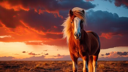 Beautiful pony with a beautiful sunset in the distance