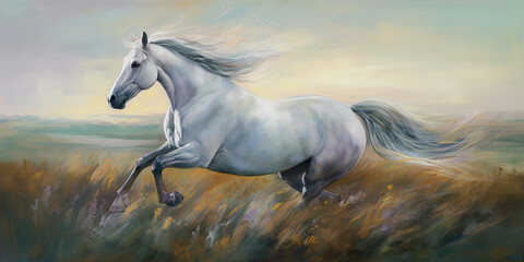 Fototapeta na wymiar Illustration of a horse running in full gallop, generative AI