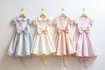 Children's vintage dresses hang in a row on hangers. Cute dresses for a girl in pastel light colors. Designer girls dresses concept. Generative AI photo.