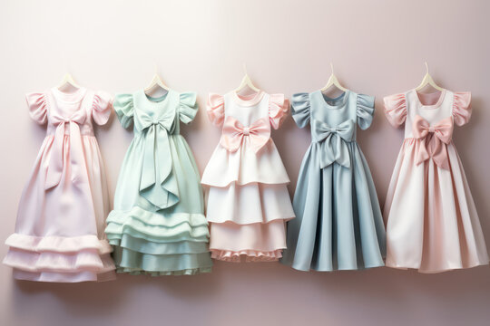 Children's vintage dresses hang in a row on hangers. Cute retro dresses for a girl in pastel light colors. Designer girls dresses concept. Generative AI photo.