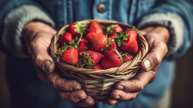farmer hands with basket of strawberries in hands, generative ai