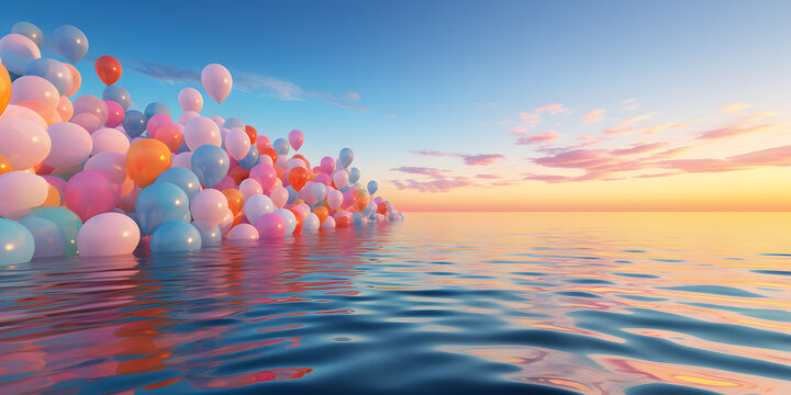 plein de ballons qui flottent sur la mer, carte d'anniversaire