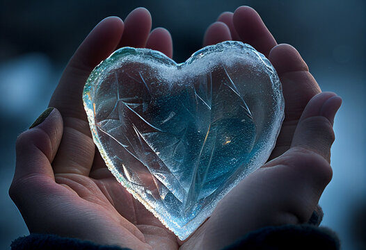 Human hands holding a heart made of ice. AI Generated