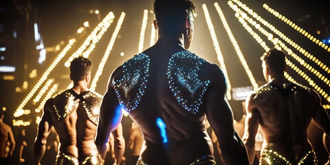 Unrecognizable muscular handsome men with a fantasy outfit of light in a disco club. Fashion model gogo dancer trendy lighting in a festival. Generative AI content. - obrazy, fototapety, plakaty