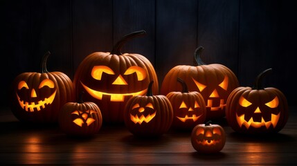pumpkins with scary illuminated smile on black background, halloween party concept