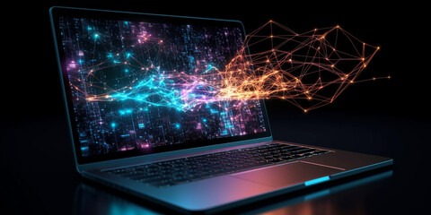An image of an open laptop screen and 3D business charts, holographic or space style and in dark colors. Generative AI