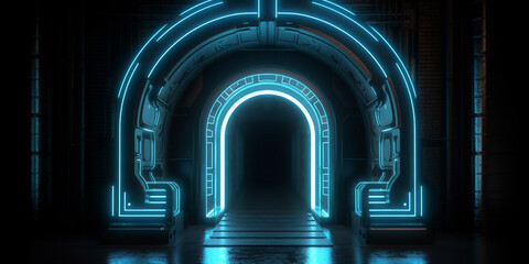 Glow in the dark blind arch on the wall, in the space style, and in the style of the hologram. Generative AI