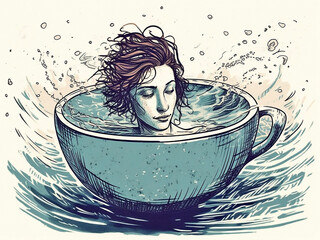A fantastic depiction of a woman's head in a teacup framed by sea waves. Generative AI