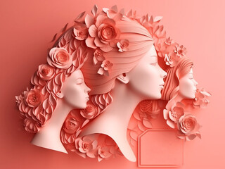 Beautiful 3D female portraits made of paper with floral elements, viewed in profile and on a gentle isolated pinkish background. Generative AI