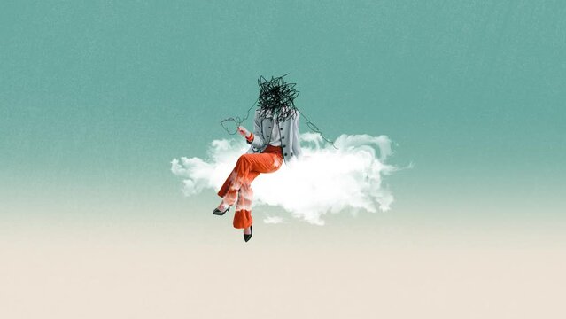 Creative design in retro style. Stop motion, animation. Woman sitting on fluffy cloud with tangled head. Conversation. Concept of surrealism, creativity, inspiration, imagination, psychology
