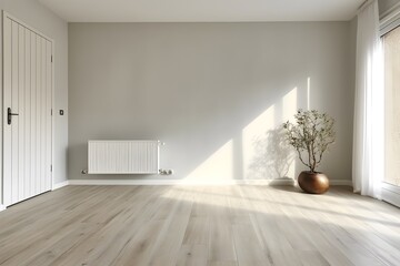 Interior design of spacious empty refurbished living room with whitewash walls laminated floor with white door. created generative ai