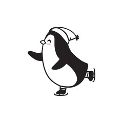 cute cartoon penguin is skating. Illustration in doodle style for christmas card. Vector