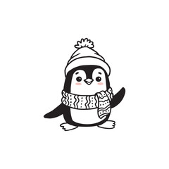 Cute cartoon penguin isolated on white. Doodle illustration for kids or babies t-shirt design, room decoration, Christmas cards. Vector 