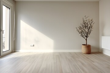 Fototapeta na wymiar Interior design of spacious empty refurbished living room with whitewash walls laminated floor with white door. created generative ai