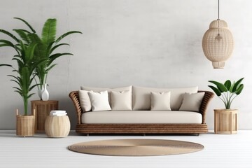  rattan furniture sofa and white wall in modern living room AI Generated