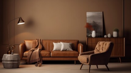 Brown living room with sofa,armchair,table and lamp.3d rendering