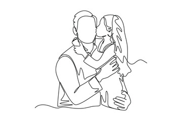 Single one line drawing little girl kisses her father. Continuous line draw design graphic vector illustration.