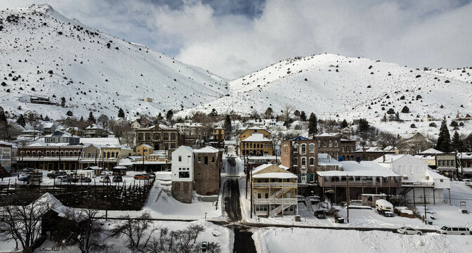 Virginia City, Nevada. After a heavy snowfall. taken from the air.