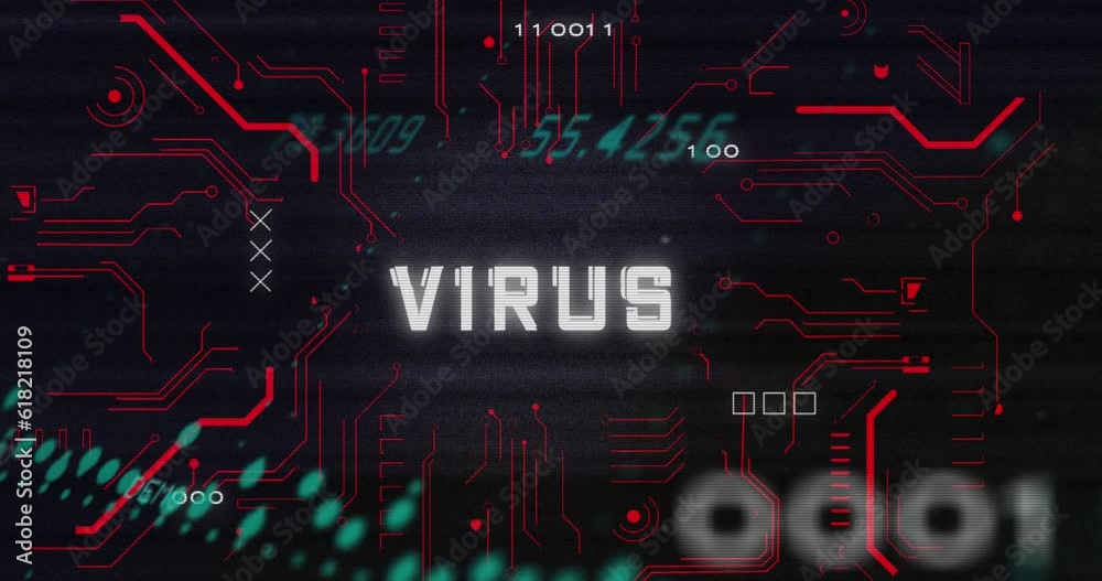Poster animation of virus text, binary codes over circuit board pattern against graphs on black background