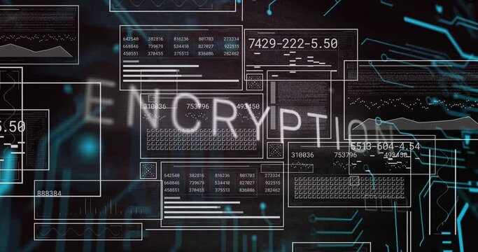 Animation of encryption text over graphs, loading bars, circles and binary codes on black background